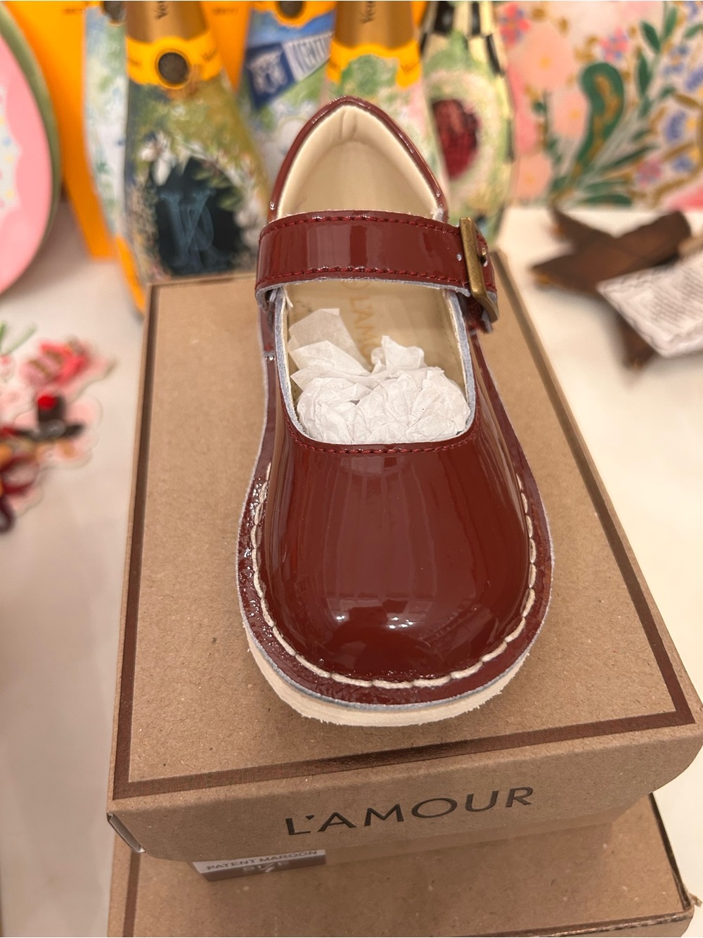 L'Amour Girls Patent Mary Jane Shoes in Burgundy